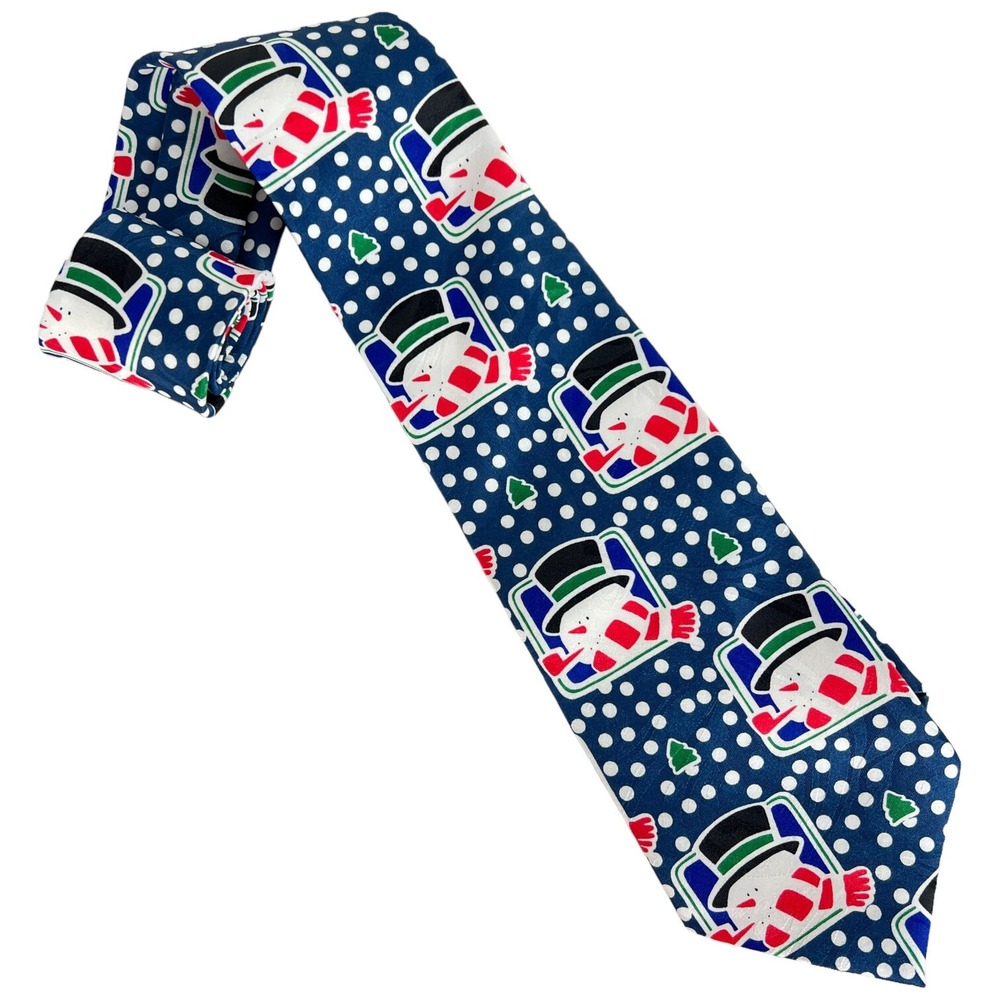 Mens Snowman Tie Blue White Polka Dot Winter Christmas Trees Necktie